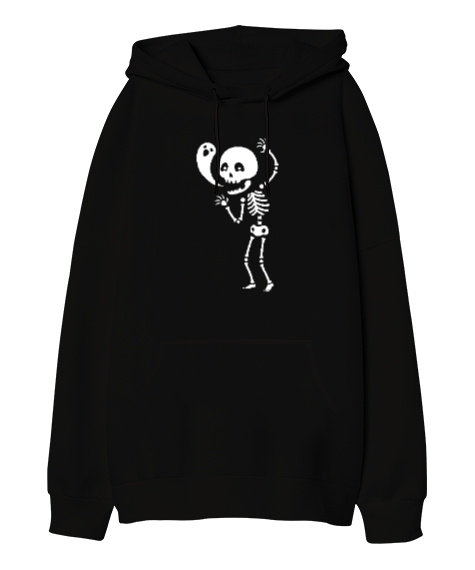 Tisho - İskelet ve Hayalet - Skeleton and Ghost Siyah Oversize Unisex Kapüşonlu Sweatshirt
