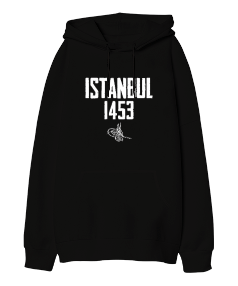 Tisho - İstanbul 1453 Fetih Tasarım Baskılı Siyah Oversize Unisex Kapüşonlu Sweatshirt