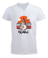 İSTANBUL Beyaz Erkek Kısa Kol V Yaka Tişört - Tisho