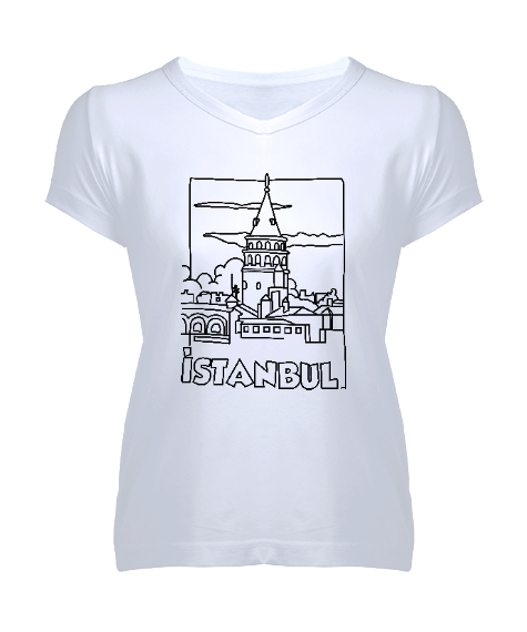 İSTANBUL Beyaz Kadın V Yaka Tişört - Tisho