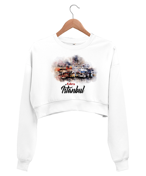 Tisho - İstanbul Galata Kulesi Beyaz Kadın Crop Sweatshirt