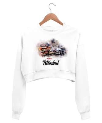 İstanbul Galata Kulesi Beyaz Kadın Crop Sweatshirt - Tisho