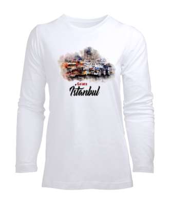 İstanbul Galata Kulesi Beyaz Kadın Uzun Kol Tişört - Tisho