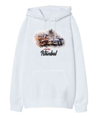 İstanbul Galata Kulesi Beyaz Oversize Unisex Kapüşonlu Sweatshirt - Tisho