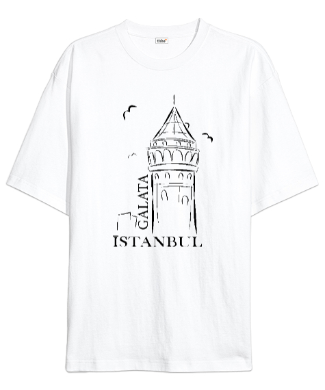 Tisho - İSTANBUL GALATA KULESİ Beyaz Oversize Unisex Tişört