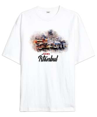 İstanbul Galata Kulesi Beyaz Oversize Unisex Tişört - Tisho