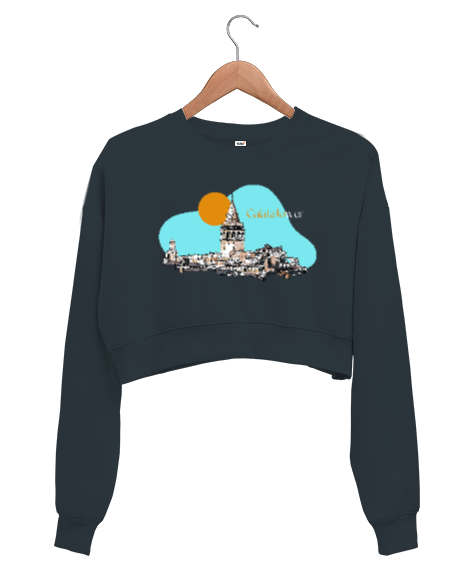 Tisho - İstanbul Galata Kulesi Silüet Füme Kadın Crop Sweatshirt