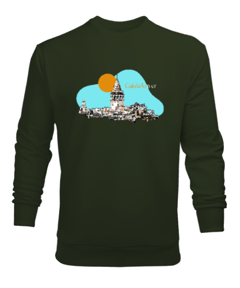 Tisho - İstanbul Galata Kulesi Silüet Haki Yeşili Erkek Sweatshirt