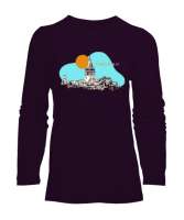 İstanbul Galata Kulesi Silüet Koyu Mor Kadın Uzun Kol Tişört - Tisho