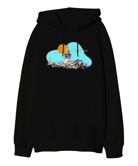 Tisho - İstanbul Galata Kulesi Silüet Siyah Oversize Unisex Kapüşonlu Sweatshirt