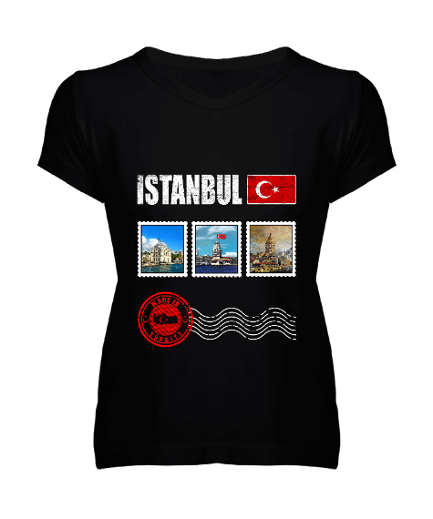 Tisho - istanbul, istanbul şehir,Türkiye,Türkiye bayrağı. Kadın V Yaka Tişört