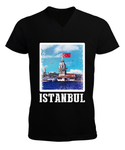 istanbul, istanbul şehir,Türkiye,Türkiye bayrağı. Siyah Erkek Kısa Kol V Yaka Tişört