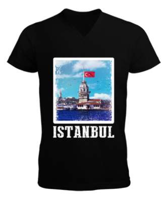 istanbul, istanbul şehir,Türkiye,Türkiye bayrağı. Siyah Erkek Kısa Kol V Yaka Tişört - Tisho