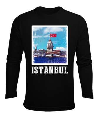 istanbul, istanbul şehir,Türkiye,Türkiye bayrağı. Siyah Erkek Uzun Kol Yazlık Tişört - Tisho