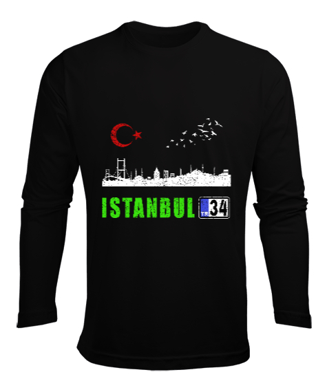 istanbul, istanbul şehir,Türkiye,Türkiye bayrağı. Siyah Erkek Uzun Kol Yazlık Tişört - Tisho
