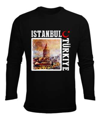 istanbul, istanbul şehir,Türkiye,Türkiye bayrağı. Siyah Erkek Uzun Kol Yazlık Tişört - Tisho