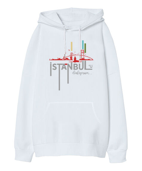 Tisho - İstanbul - İstanbulu Dinliyorum Beyaz Oversize Unisex Kapüşonlu Sweatshirt