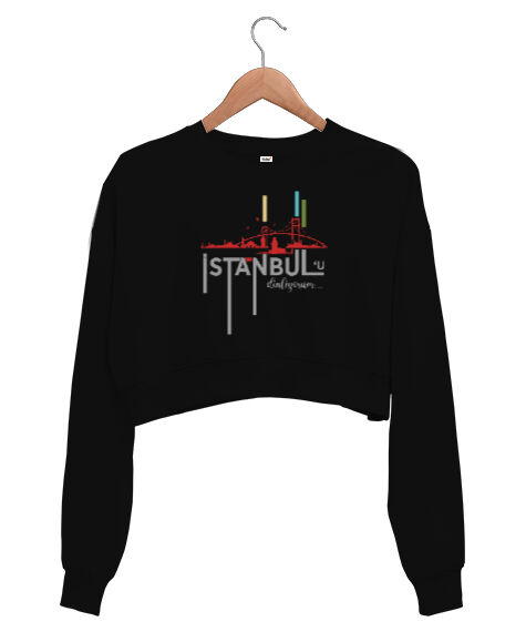 Tisho - İstanbul - İstanbulu Dinliyorum Siyah Kadın Crop Sweatshirt