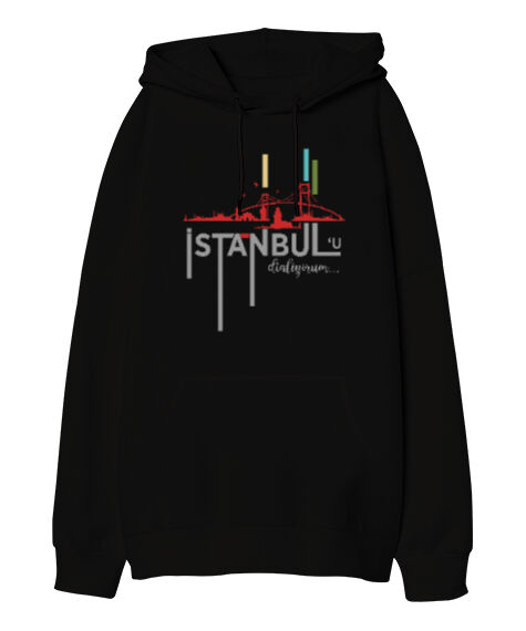 Tisho - İstanbul - İstanbulu Dinliyorum Siyah Oversize Unisex Kapüşonlu Sweatshirt
