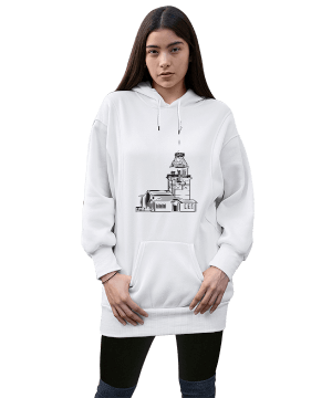 İstanbul Kız Kulesi tasarımlı Kadın Uzun Hoodie Kapüşonlu Sweatshirt - Thumbnail