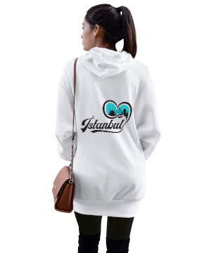 İstanbul Kız Kulesi tasarımlı Kadın Uzun Hoodie Kapüşonlu Sweatshirt - Thumbnail