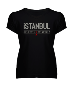 İstanbul Koordinatlar Kadın V Yaka Tişört - Tisho