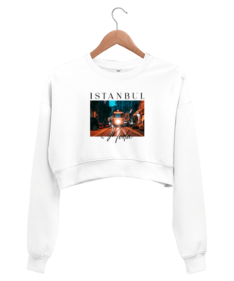 Tisho - İstanbul - Moda Baskılı Beyaz Kadın Crop Sweatshirt