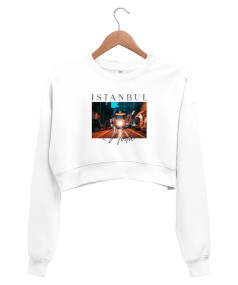 İstanbul - Moda Baskılı Beyaz Kadın Crop Sweatshirt - Tisho