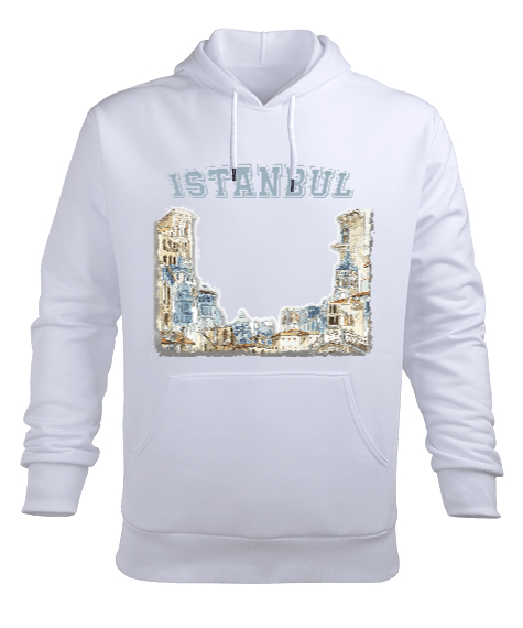 Tisho - İstanbul Ön Baskılı Tasarım Beyaz Erkek Kapüşonlu Hoodie Sweatshirt