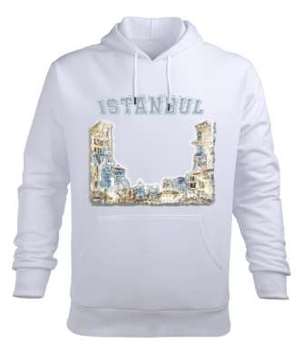 İstanbul Ön Baskılı Tasarım Beyaz Erkek Kapüşonlu Hoodie Sweatshirt - Tisho