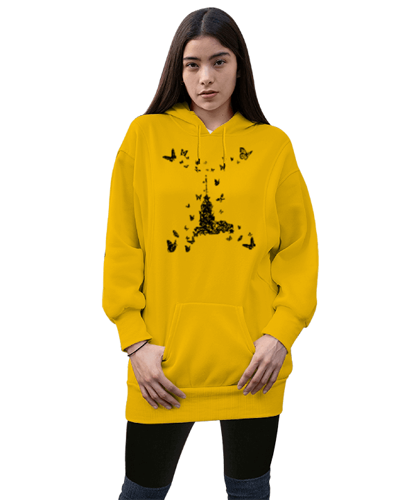 Tisho - İSTANBUL SARI BAYAN SWEETSHİRT Kadın Uzun Hoodie Kapüşonlu Sweatshirt