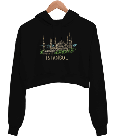 Tisho - Istanbul Şehir Tasarımı Siyah Kadın Crop Hoodie Kapüşonlu Sweatshirt