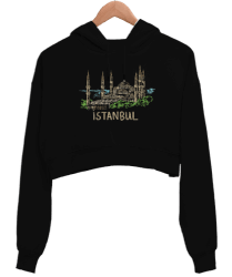 Istanbul Şehir Tasarımı Siyah Kadın Crop Hoodie Kapüşonlu Sweatshirt - Tisho
