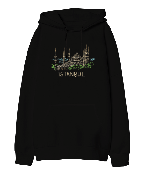 Tisho - Istanbul Şehir Tasarımı Siyah Oversize Unisex Kapüşonlu Sweatshirt