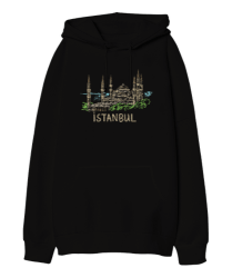 Istanbul Şehir Tasarımı Siyah Oversize Unisex Kapüşonlu Sweatshirt - Tisho