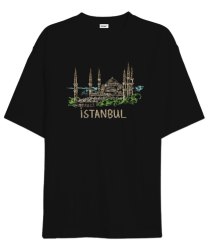 Istanbul Şehir Tasarımı Siyah Oversize Unisex Tişört - Tisho