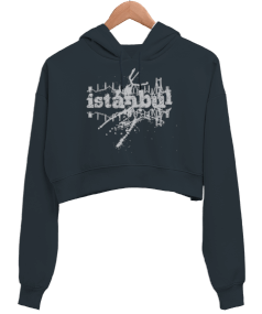İstanbul Şehri Tasarımı Kadın Crop Hoodie Kapüşonlu Sweatshirt - Tisho