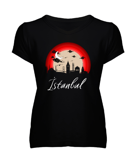 Tisho - İstanbul Siyah Kadın V Yaka Tişört
