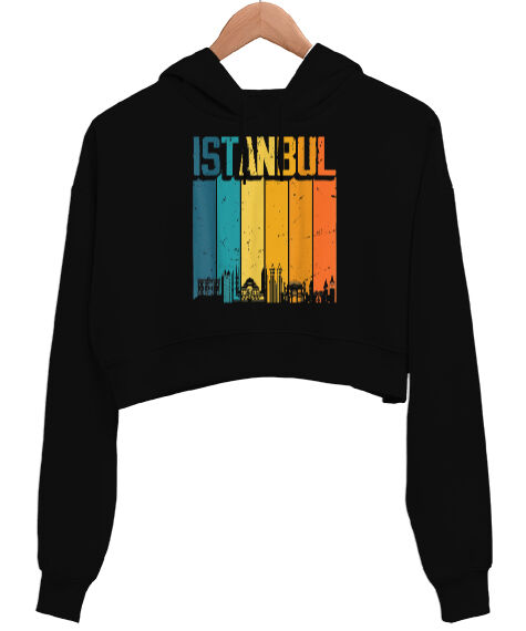 Tisho - Istanbul Turkey Türkiye Retro Vintage Sunset Baskılı Siyah Kadın Crop Hoodie Kapüşonlu Sweatshirt