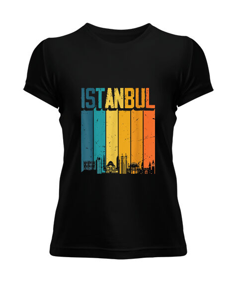 Istanbul Turkey Türkiye Retro Vintage Sunset Baskılı Siyah Kadın Tişört - Tisho