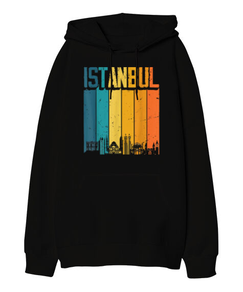 Tisho - Istanbul Turkey Türkiye Retro Vintage Sunset Baskılı Siyah Oversize Unisex Kapüşonlu Sweatshirt