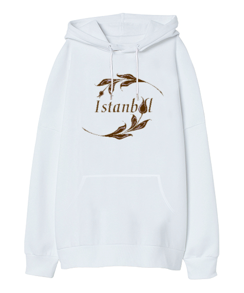 Tisho - İstanbul ve Lale Beyaz Oversize Unisex Kapüşonlu Sweatshirt