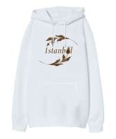 İstanbul ve Lale Beyaz Oversize Unisex Kapüşonlu Sweatshirt - Tisho