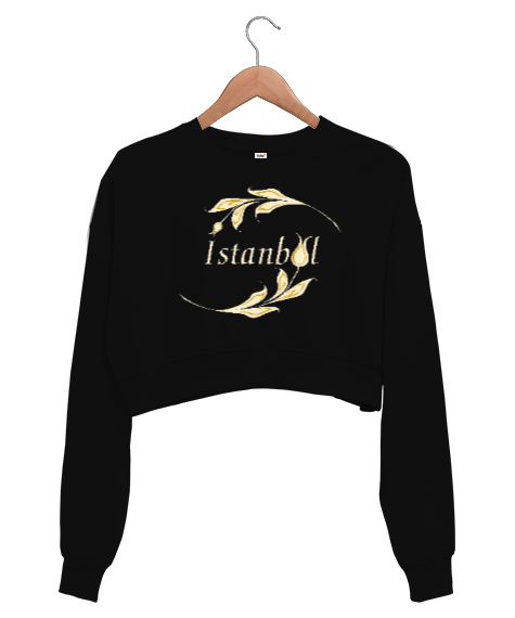Tisho - İstanbul ve Lale Siyah Kadın Crop Sweatshirt
