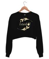 İstanbul ve Lale Siyah Kadın Crop Sweatshirt - Tisho