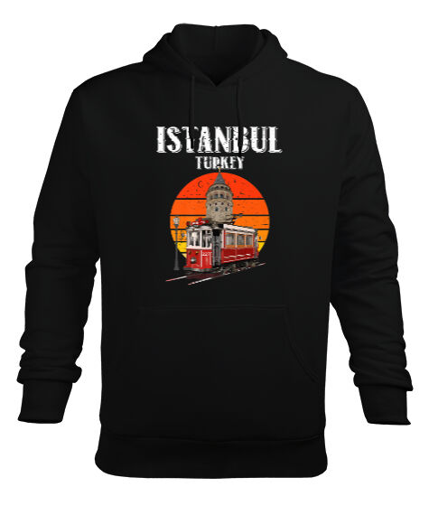 Tisho - Istanbul Vintage Sunset Turkey Retro Tramvay Galata Baskılı Siyah Erkek Kapüşonlu Hoodie Sweatshirt