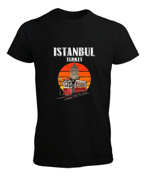 Tisho - Istanbul Vintage Sunset Turkey Retro Tramvay Galata Baskılı Siyah Erkek Tişört