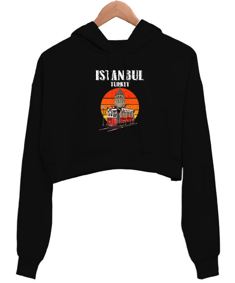 Tisho - Istanbul Vintage Sunset Turkey Retro Tramvay Galata Baskılı Siyah Kadın Crop Hoodie Kapüşonlu Sweatshirt