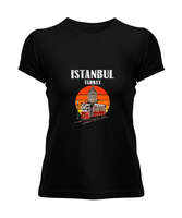 Istanbul Vintage Sunset Turkey Retro Tramvay Galata Baskılı Siyah Kadın Tişört - Tisho