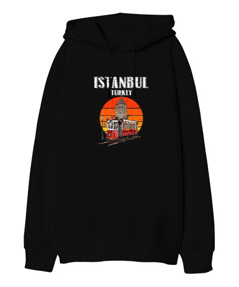 Tisho - Istanbul Vintage Sunset Turkey Retro Tramvay Galata Baskılı Siyah Oversize Unisex Kapüşonlu Sweatshirt